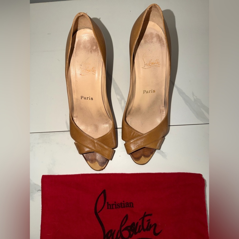 Christian Louboutin Tan Leather Wedge Espadrilles Red Bottom PeepToe Heels EU40 - Picture 5 of 13